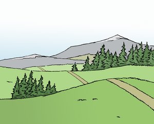 Cartoon-Zeichnung einer hügeligen Landschaft mit Nadelbäumen, durch die mittig ein Weg führt. Im Hintergrund thront ein Bergmassiv.
