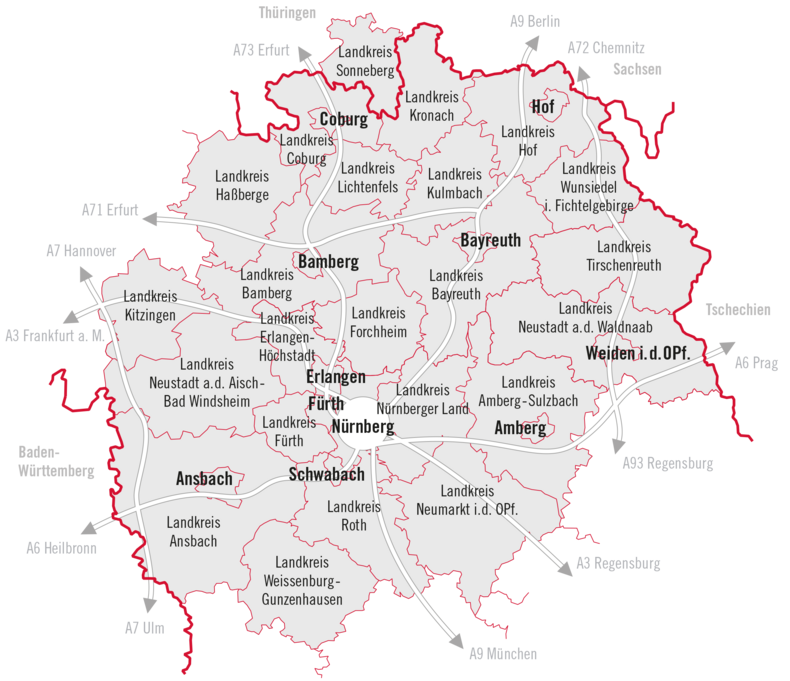 Karte der Europäischen Metropolregion Nürnberg
