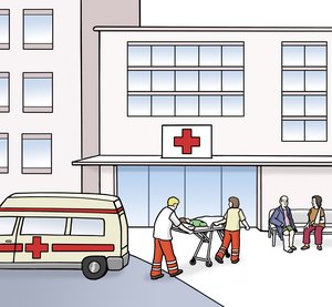 Cartoon-Zeichnung: Ein Krankenhaus, vor dem Sanitäter gerade einen Patienten aus dem Krankenwagen per Trage ins Gebäude fahren.