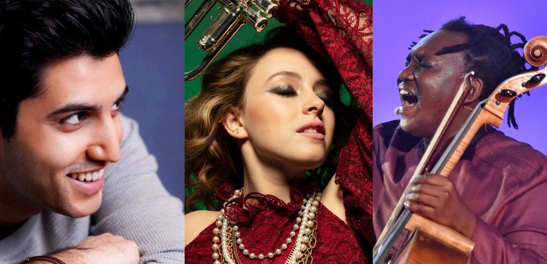 Eine Collage von drei Personen in Nahaufnahme. Links ein Herr, der mit dem Kinn auf seinem Arm liegend etwas beobachtet. In der Mitte eine Dame, die eine Trompete in der Hand hat. Rechts ein Mann, der auf einem Cello spielt.