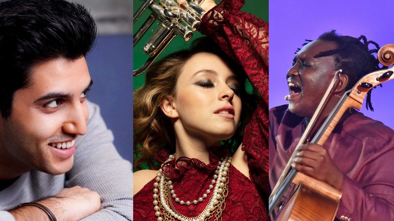 Eine Collage von drei Personen in Nahaufnahme. Links ein Herr, der mit dem Kinn auf seinem Arm liegend etwas beobachtet. In der Mitte eine Dame, die eine Trompete in der Hand hat. Rechts ein Mann, der auf einem Cello spielt.