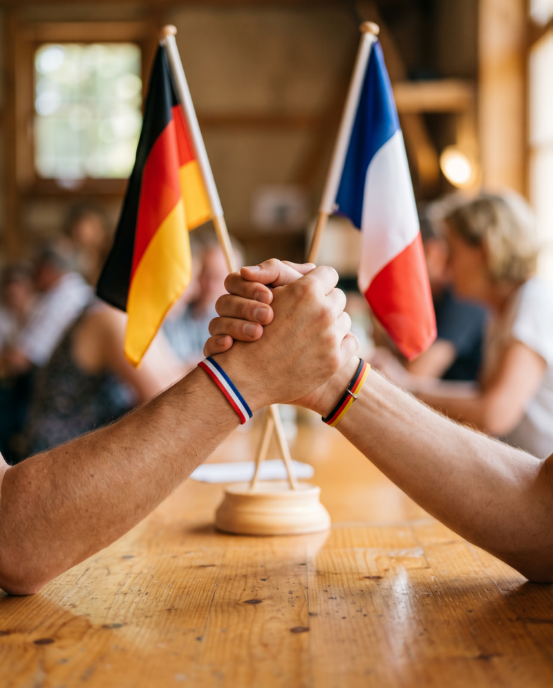 Zwei Hände packen sich gegenseitig und demonstrieren Zusammenhalt. Im Hintergrund steht eine Deutschland- und eine Frankreich-Fahne. Foto: KI-generiert