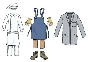 Cartoon-Zeichnung dreier verschiedener Kleidungsgarnituren: Eine Koch-Garnitur, eine Putz-Montur und ein Arbeitskittel.