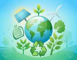 Grafik zum Thema Nachhaltigkeit: Auf einer Erdkugel stehen verschiedene Objekte zum Thema Nachhaltigkeit