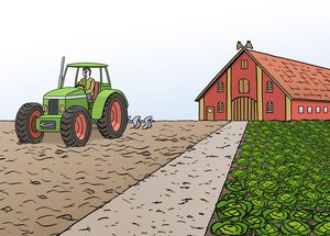 Cartoon-Zeichnung: Ein Traktor fährt mit einem angehängten Gerät auf einem Feld. Im Hintergrund befindet sich eine Scheune.