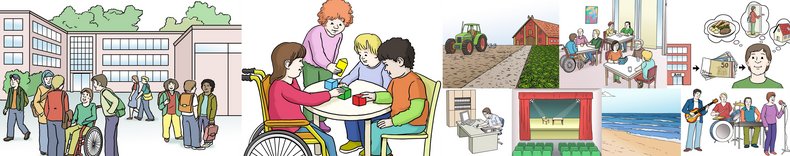 Eine Collage cartoonhafter Szenarien aus dem Alltag